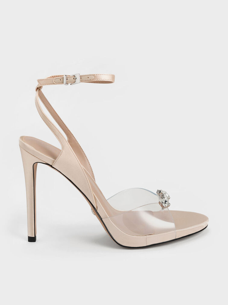 Gem-Encrusted Ankle Strap Clear Sandals, Nude, hi-res