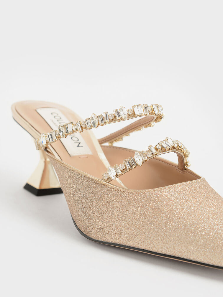 Gem-Encrusted Metallic Glittered Mules, Gold, hi-res