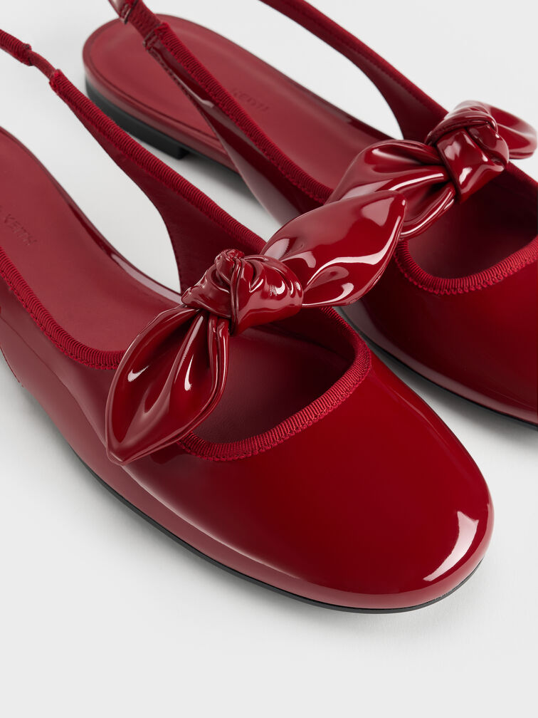 Patent Knotted-Bow Slingback Flats, Red, hi-res