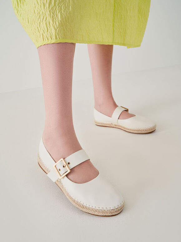 草編方釦瑪莉珍鞋, 白色, hi-res