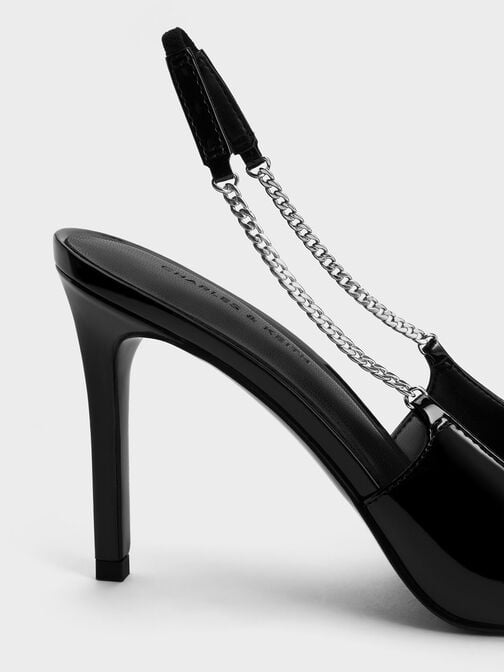 Patent Chain-Link Pointed-Toe Slingback Pumps, Black Patent, hi-res