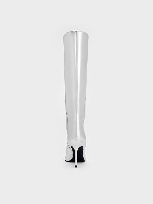 Metallic Pointed-Toe Stiletto-Heel Knee-High Boots, Silver, hi-res