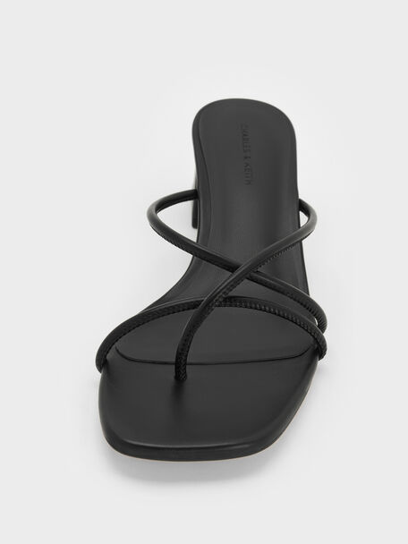 Strappy Toe-Ring Block-Heel Sandals, Black, hi-res