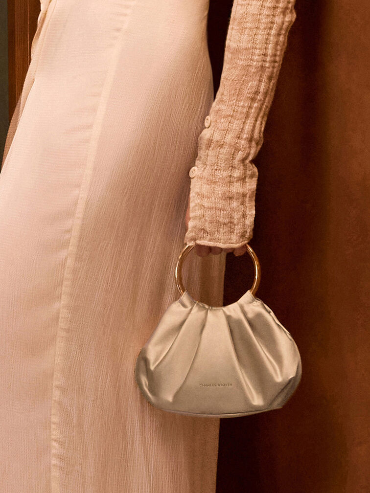 Satin Ruched Ring-Handle Bag, Light Gold, hi-res