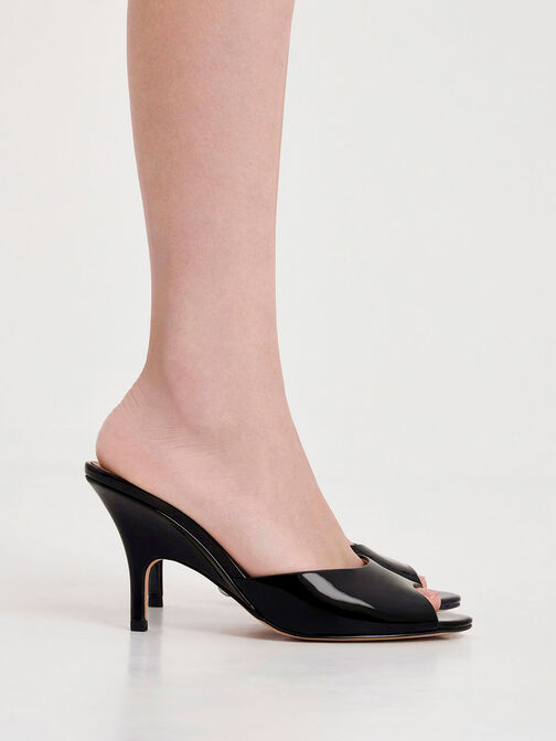 Patent Leather Round-Toe Heeled Mules, Black, hi-res