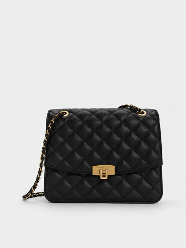 Quilted Chain Strap Bag, Black, hi-res