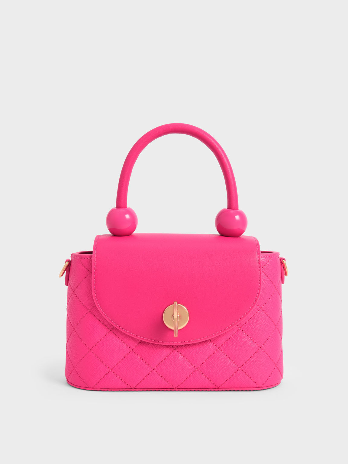 Round Quilted Top Handle Bag - Fuchsia