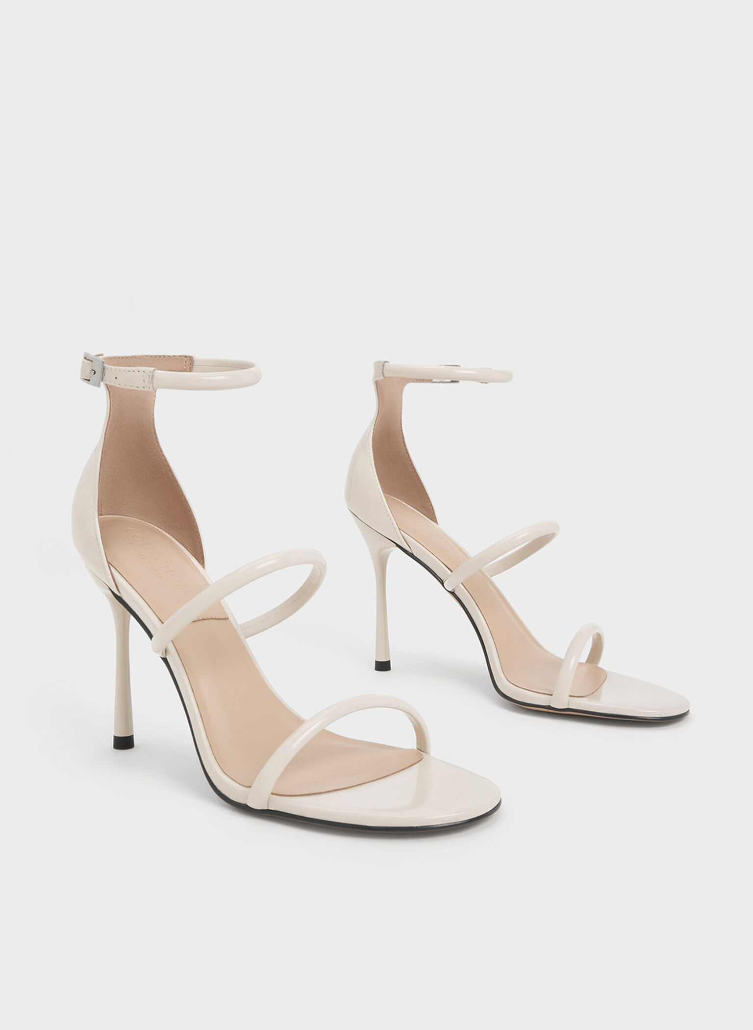 Chalk Patent Leather Triple Strap Heeled Sandals - CHARLES & KEITH SG