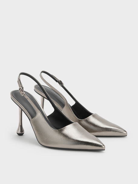 Metallic Sculptural-Heel Pointed Pumps, Pewter, hi-res
