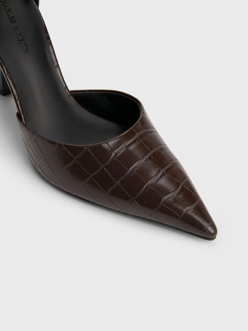 Croc-Effect Pointed-Toe Ankle-Strap D'Orsay Pumps, Animal Print Brown, hi-res