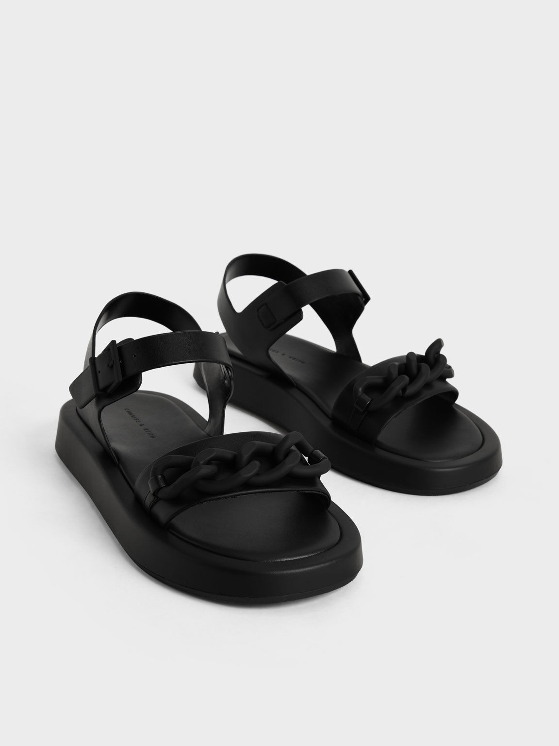 Chunky Chain-Link Ankle-Strap Padded Sandals, Black, hi-res