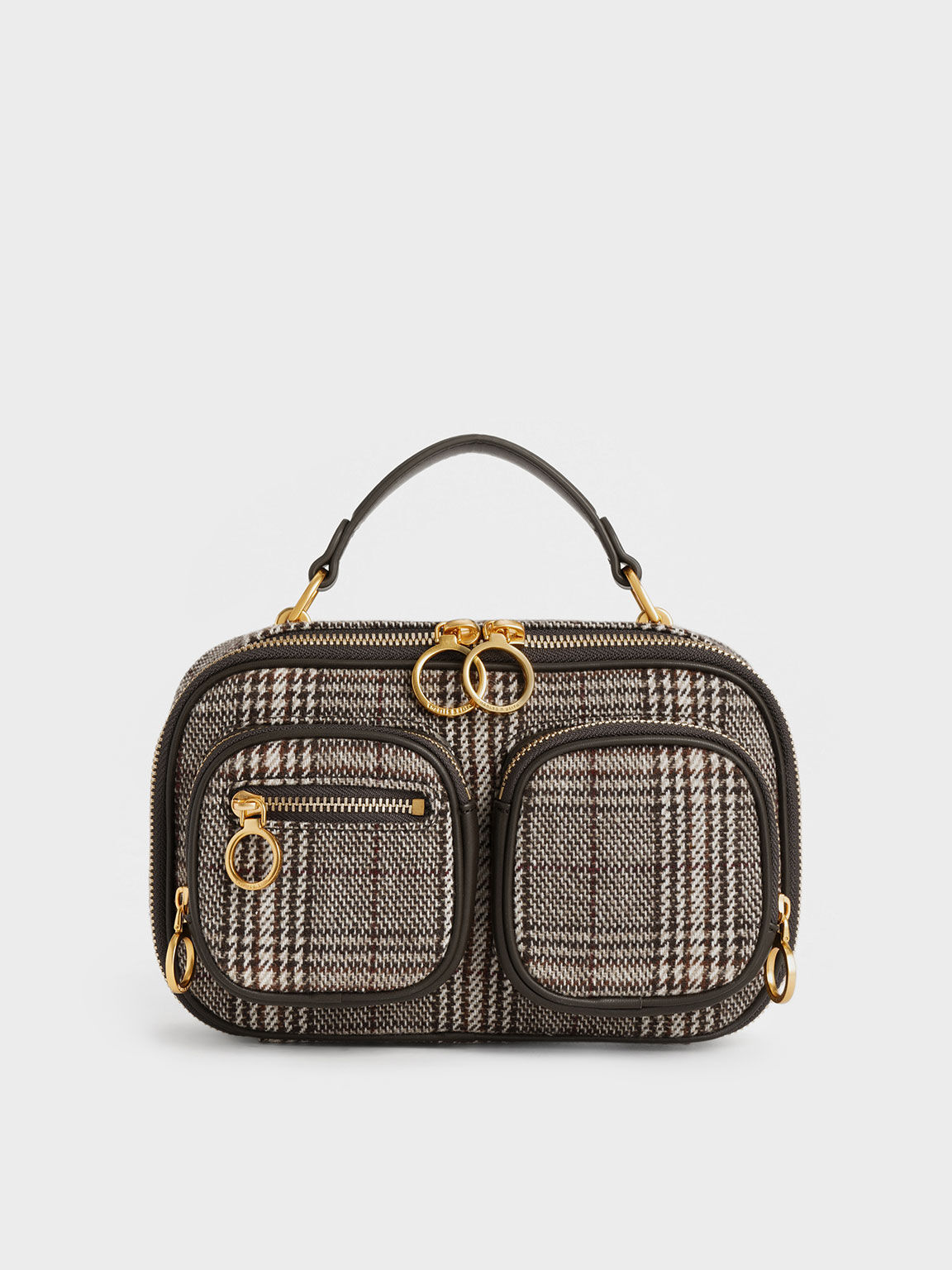 Checkered Multi-Pouch Crossbody Bag, Dark Brown, hi-res