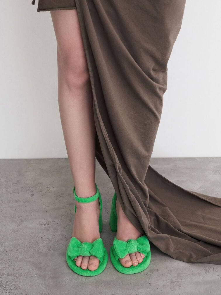 Loey 毛巾布蝴蝶結粗跟涼鞋, 綠色, hi-res