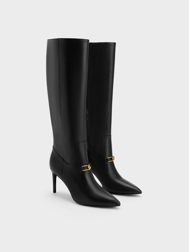 Gabine Leather Heeled Knee-High Boots, Black, hi-res