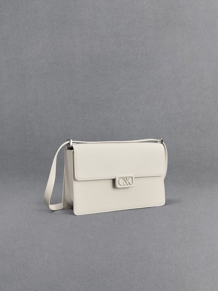 Leather Shoulder Bag, White, hi-res