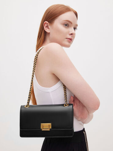 Bolso de hombro con asa de cadena, Negro, hi-res
