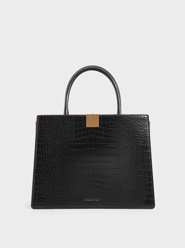 Croc-Effect Double Handle Handbag, Black, hi-res