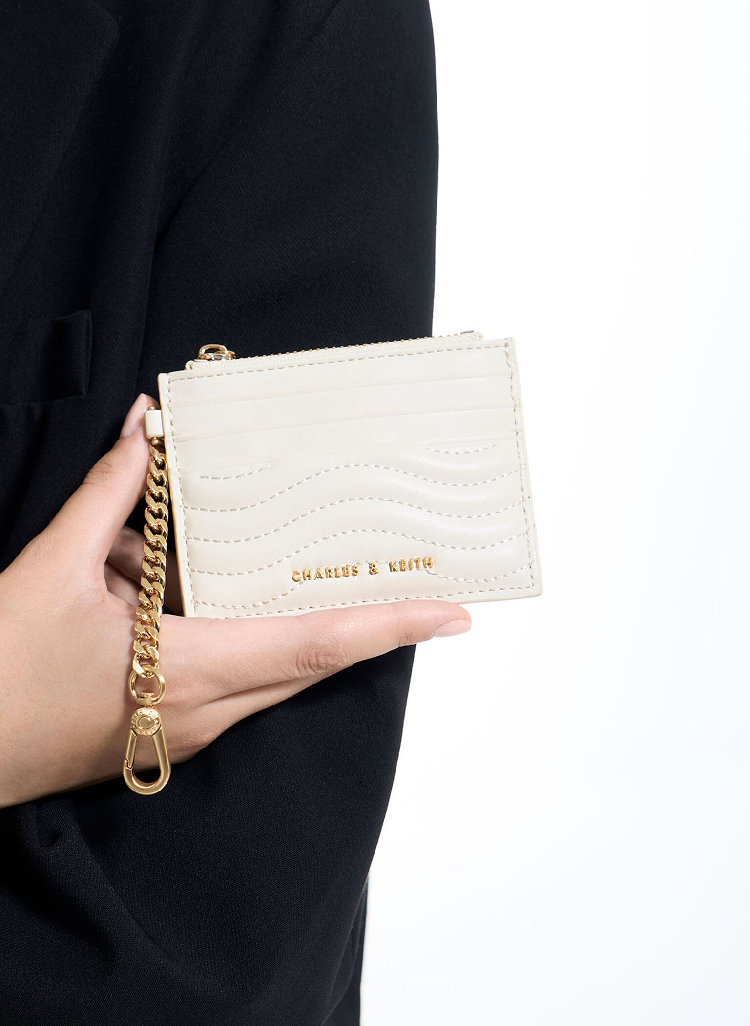 Aubrielle Stitch-Trim Zip Card Holder, Cream, hi-res