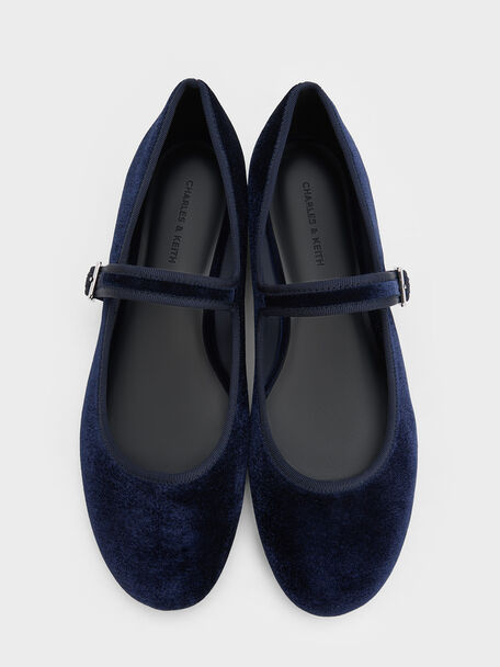 Carmel Velvet Buckled Mary Jane Flats, Dark Blue, hi-res