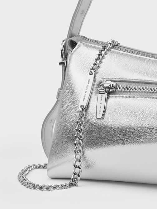 Rachel Metallic Front-Pocket Chain Shoulder Bag, Silver, hi-res