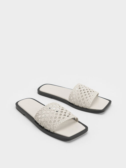 Woven Square-Toe Slides, White, hi-res