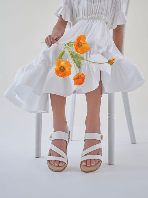 Girls' Yara Metallic Buckle Sandals, White, hi-res