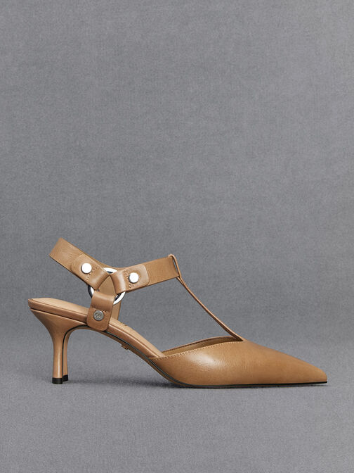 Leather Buckled T-Bar Pumps, Taupe, hi-res