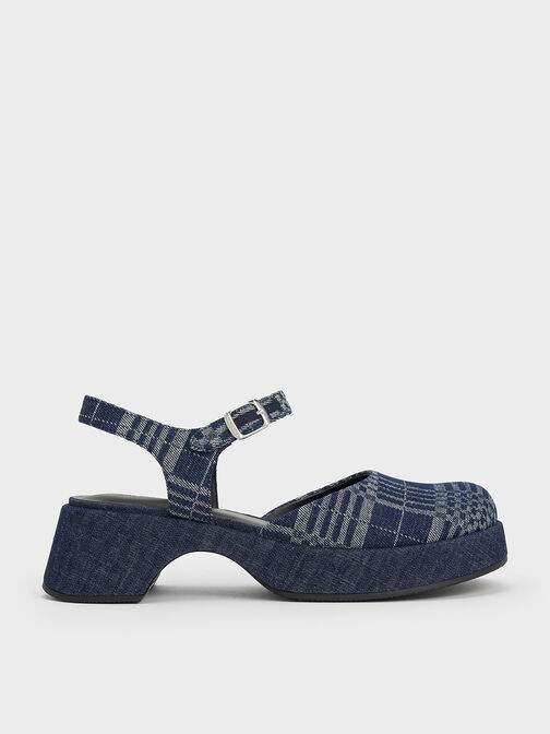 Nerina Checkered Ankle-Strap Platform Flats, Dark Blue, hi-res