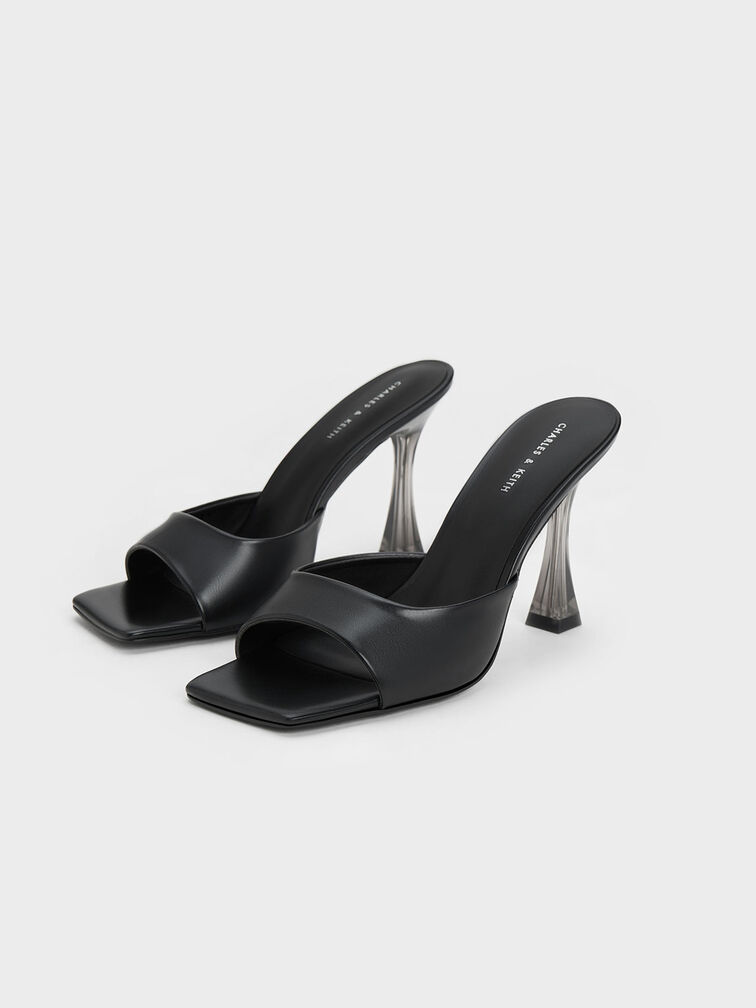 Clear Flared Heel Mules, Black, hi-res