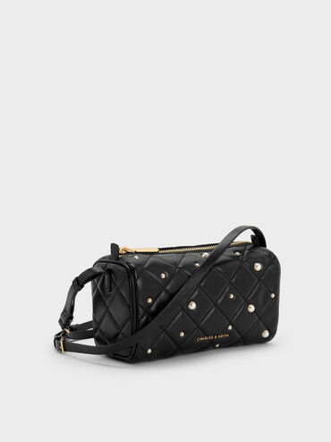 Janie Quilted Pearl Shoulder Bag, Black, hi-res