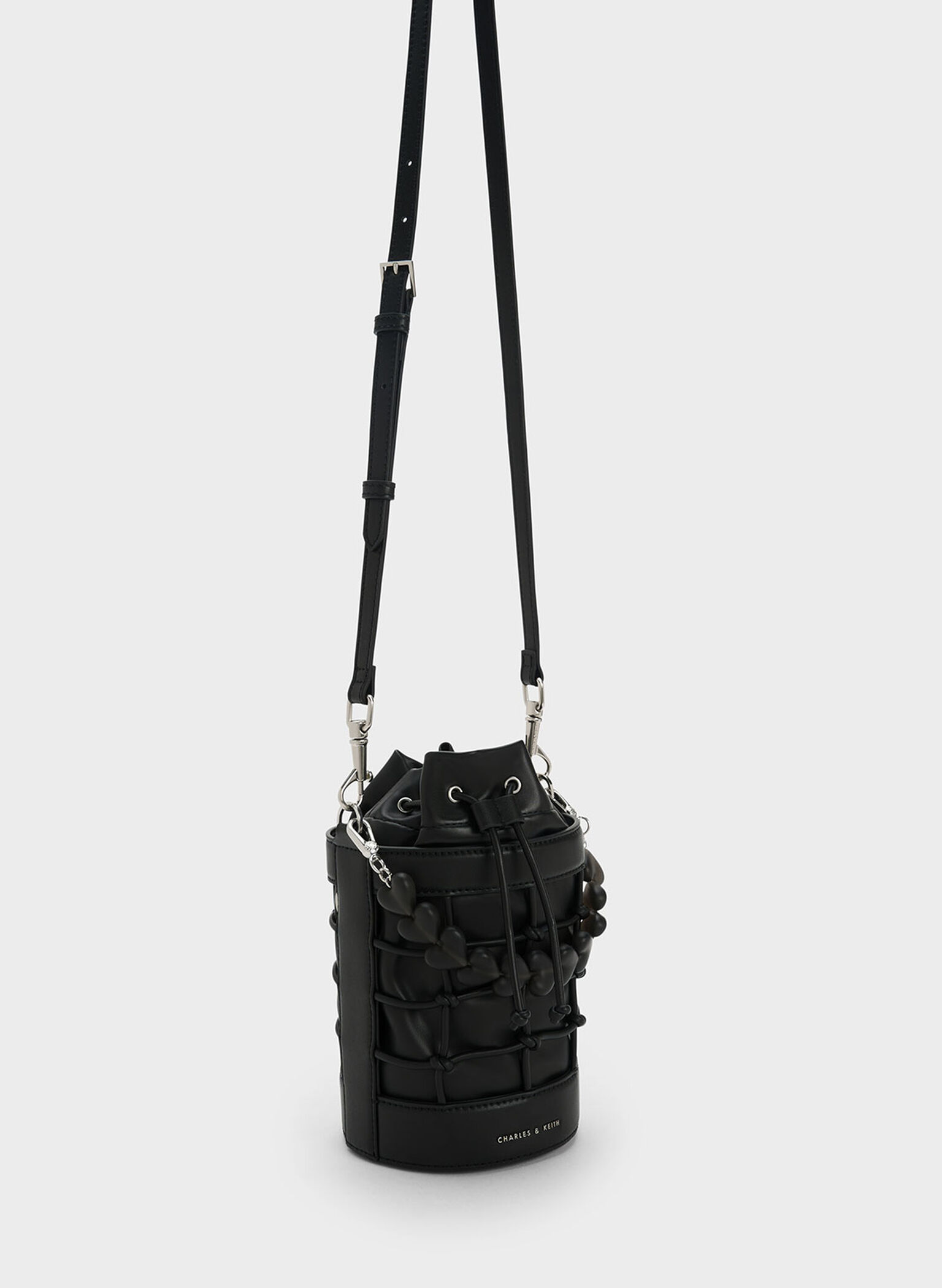 Heart Motif Caged Bucket Bag, Black, hi-res
