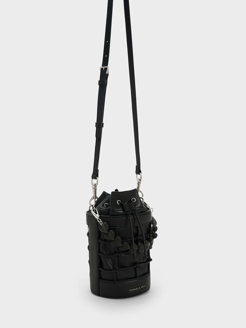 Heart Motif Caged Bucket Bag, Black, hi-res