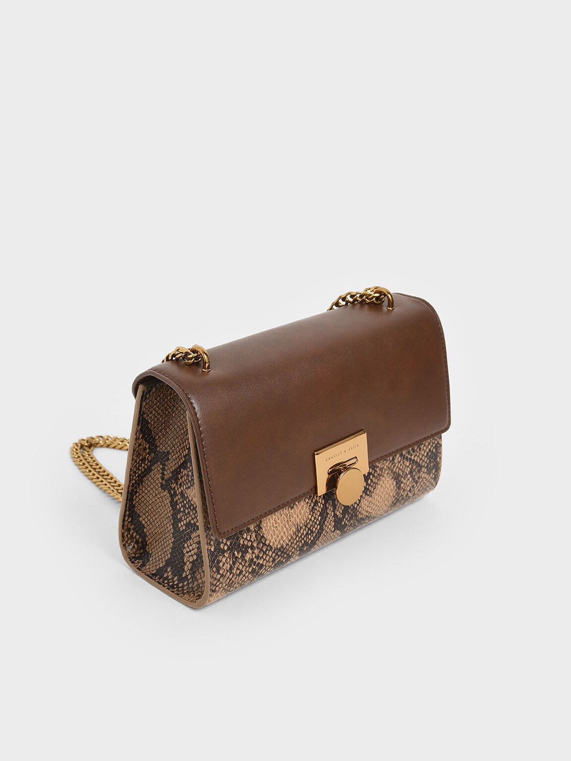 Snake Print Chain Strap Clutch, Brown, hi-res