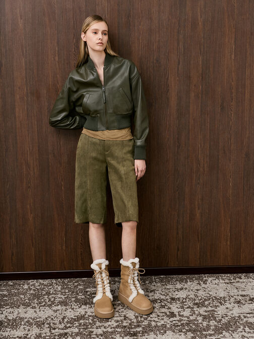 Faux Suede & Faux Fur Foldover Flatform Boots, Sand, hi-res