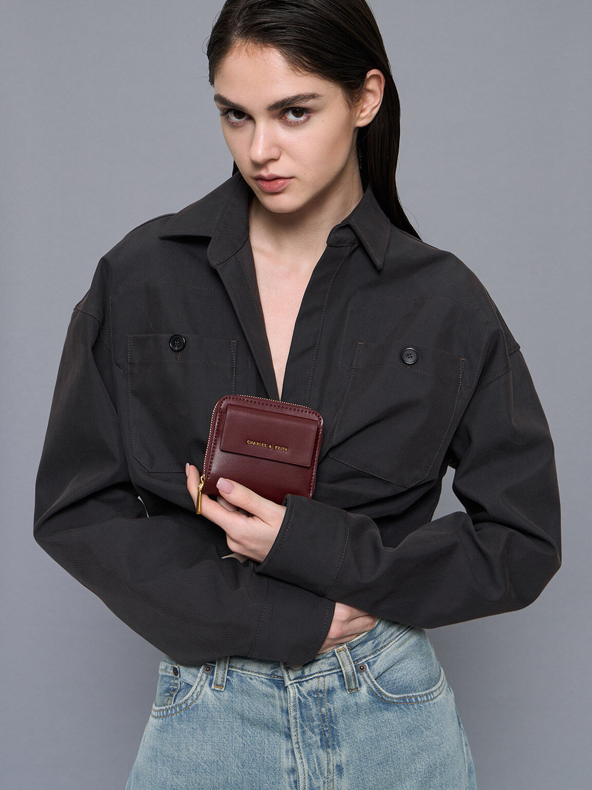 Front Flap Zip-Around Mini Wallet, Burgundy, hi-res