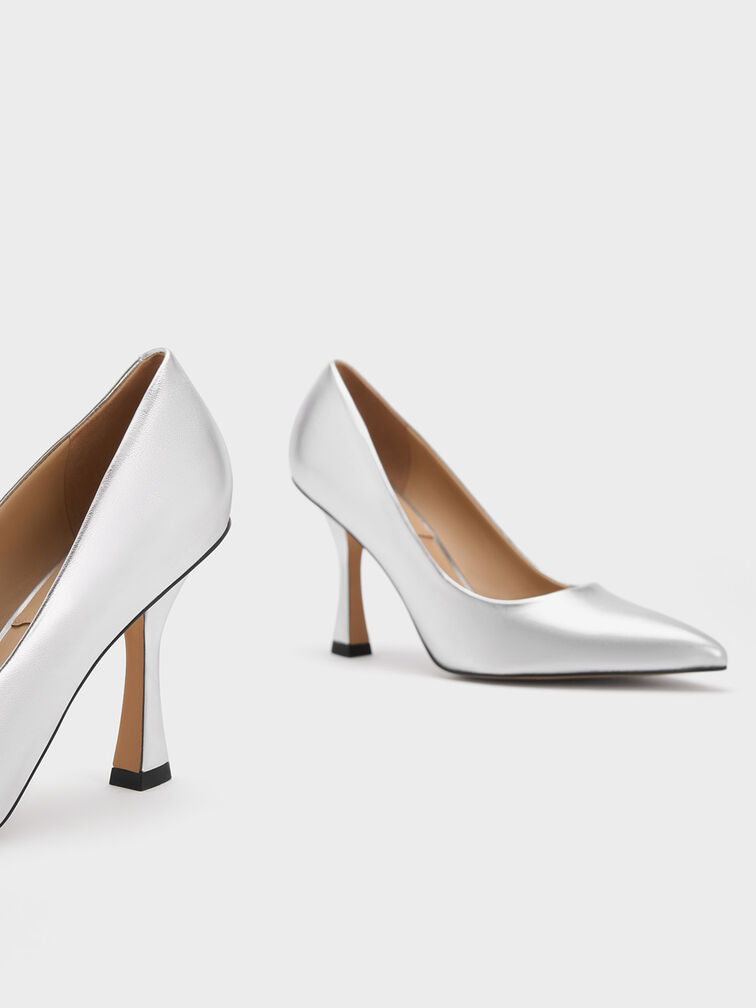 Metallic Leather Flared Heel Pumps, Silver, hi-res