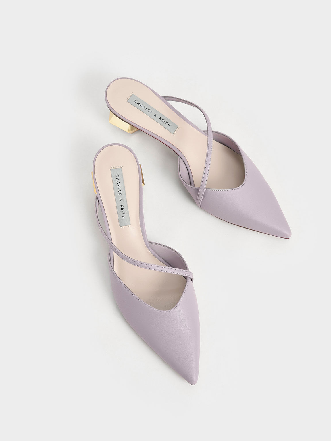 Asymmetric Strap Chrome Heel Mules, Lilac, hi-res
