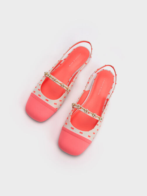 Beaded Flower Printed Slingback Flats, Coral Pink, hi-res