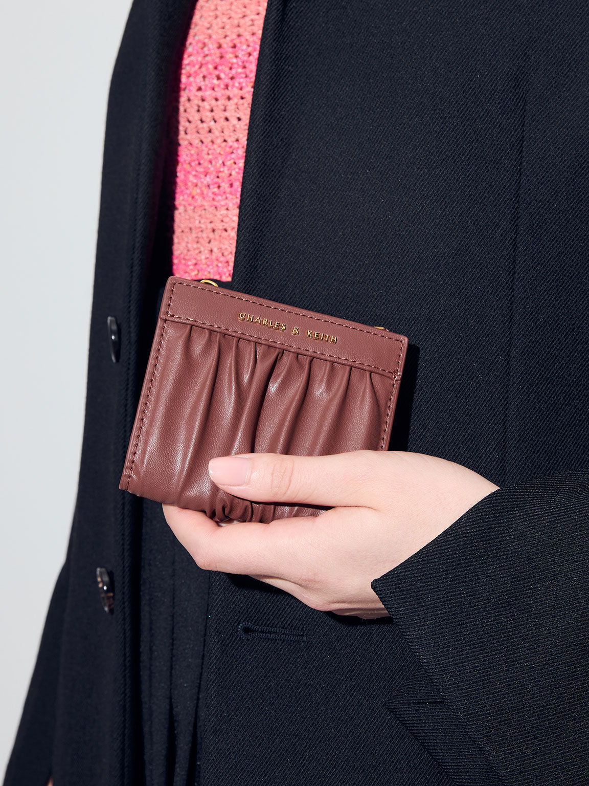 Ruched Short Wallet, Chocolate, hi-res