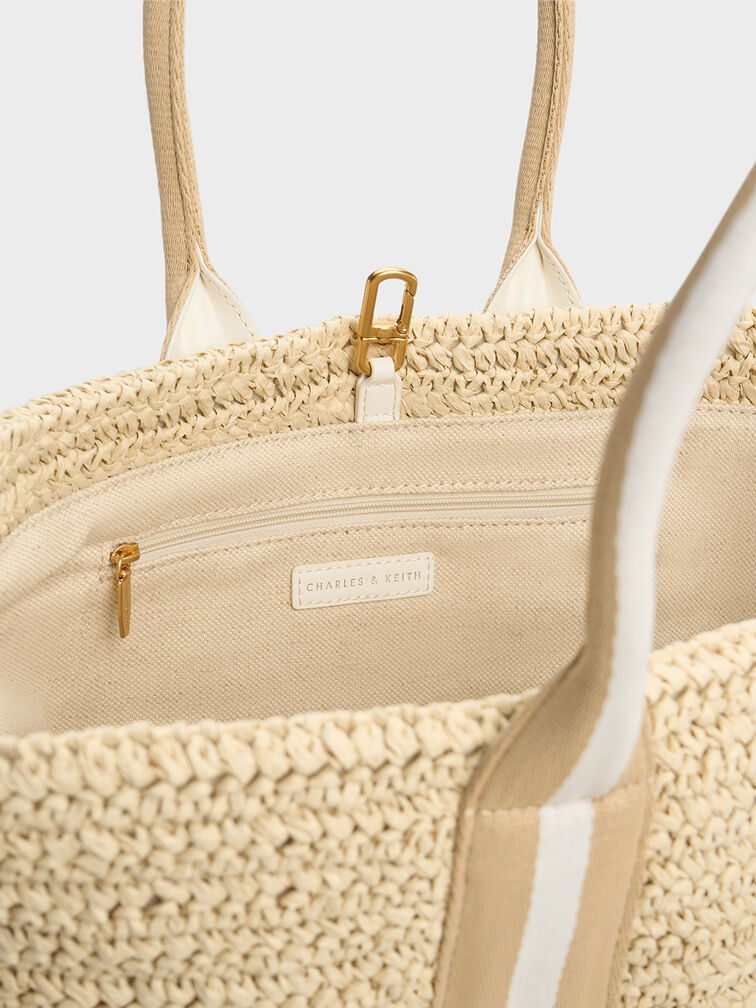 Striped Handles Raffia Tote Bag, White, hi-res