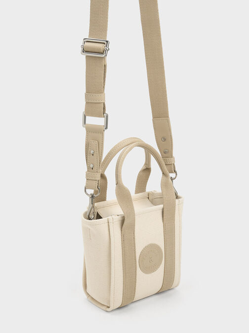 Bolso tote Mini Kay de lona con ribetes en contraste, Gris pardo, hi-res