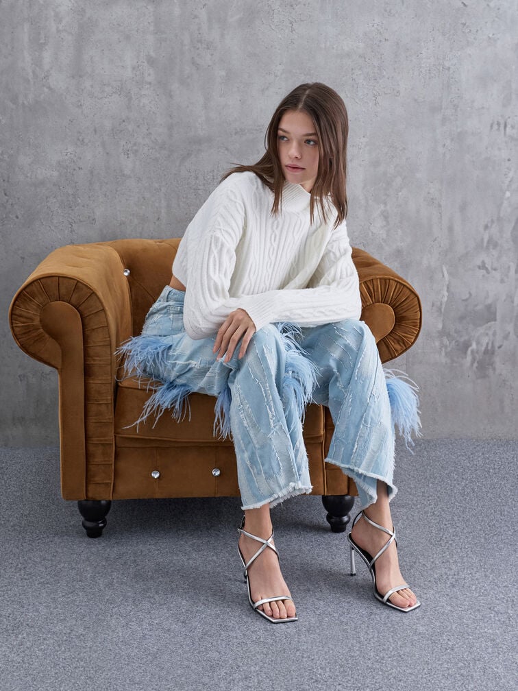 Metallic Strappy Heeled Sandals, Silver, hi-res