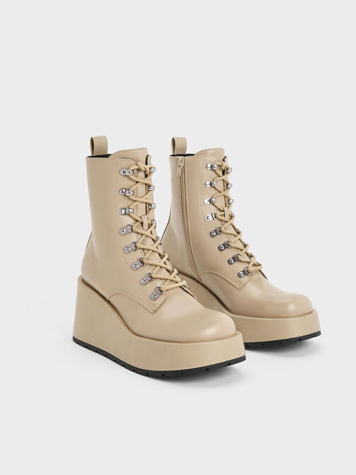 Lace-Up Platform Wedge Ankle Boots, Taupe, hi-res