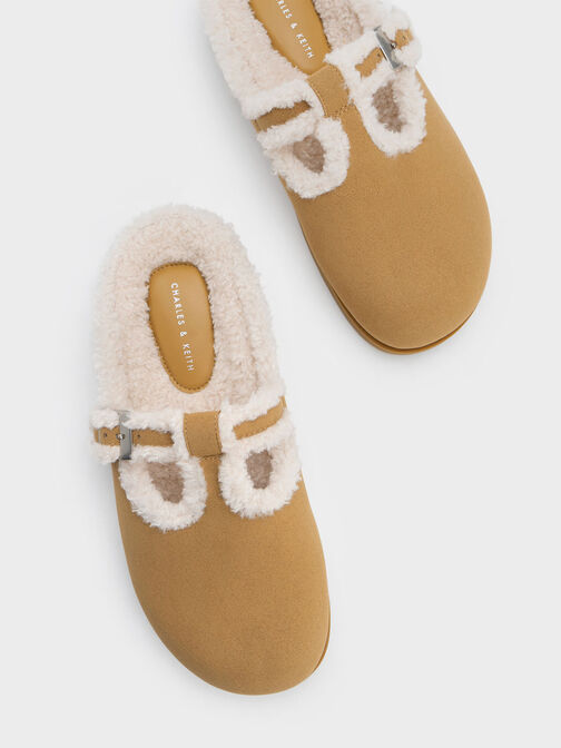 Textured Fur-Trim Buckled Mules, Khaki, hi-res