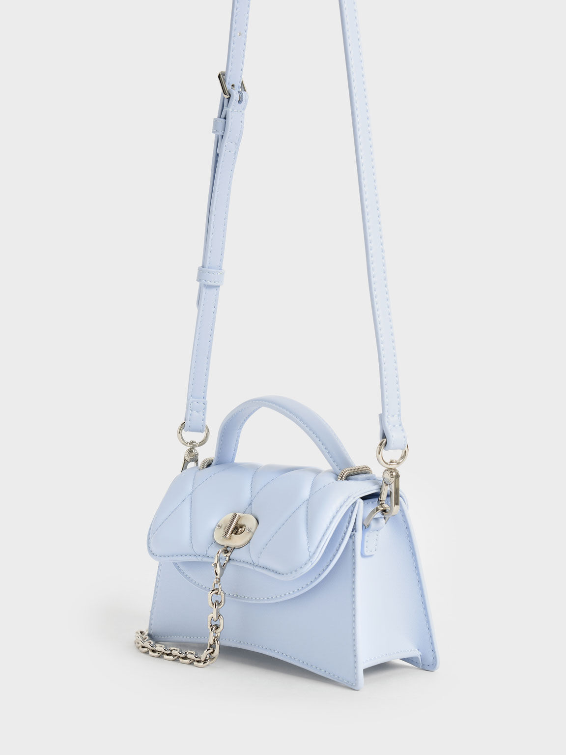 Quilted Front Flap Chain Link Bag - Light Blue