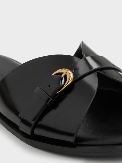Buckled-Strap Slide Sandals, Black Box, hi-res