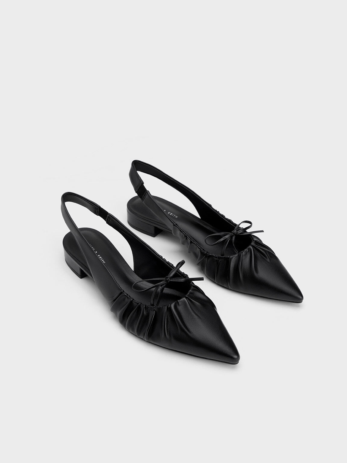 Bow Ruched Slingback Flats, Black, hi-res