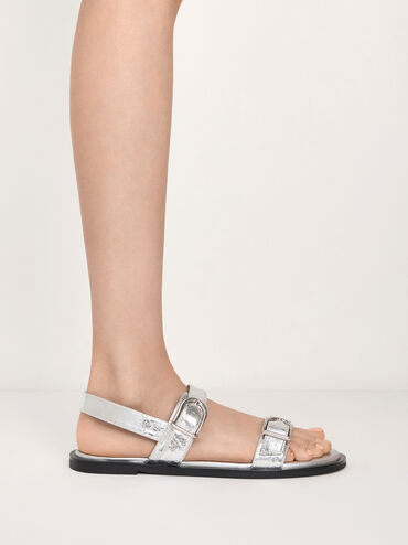 Metallic Double Buckle-Strap Slingback Sandals, Silver, hi-res