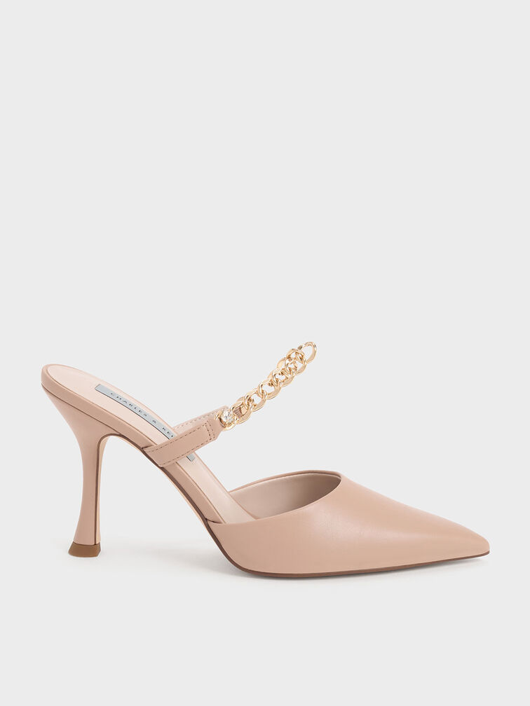 Chain-Link Strap Heeled Mules, Nude, hi-res