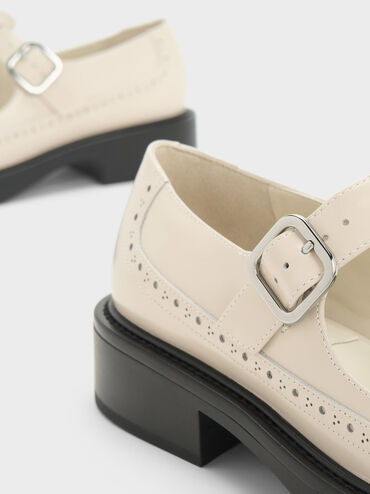 Brogue Leather T-Bar Mary Janes, Chalk, hi-res